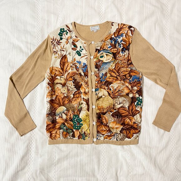 Vintage Sweaters - Vintage 100% Silk Woodland Duck Print Cardigan Tan - S